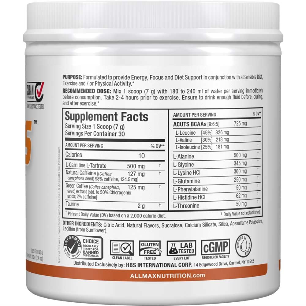 ALLMAX ACUTS Amino Energy Powder with Amino Acids Supplement, Sweet Tea, 30 Servings, Caffeine, Green Coffee Extract, 2000 mg Taurine, L-Carnitine, Sugar Free, Gluten & Dye Free, Amino Acid Drink