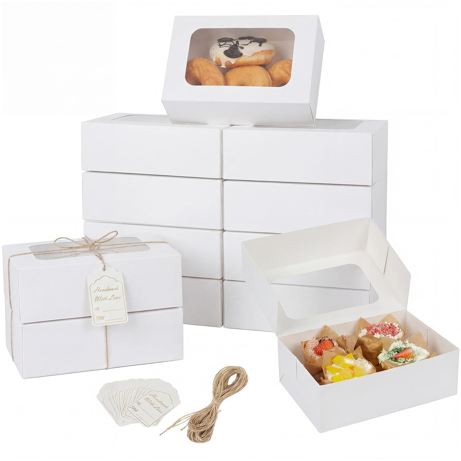 YEKTFS 24 Pack Cookie Boxes with Window, 9x6x3 Inch White Bakery Containers for Desserts, Candy, Muffins, Donuts, Chocolate Covered Strawberries & Gift Giving