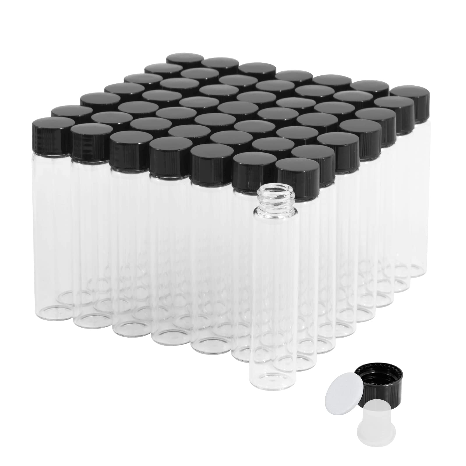 Cadbibe 7ml Clear Glass Vials with Screw Caps and Plastic Stoppers, 2 Dram Transparent Small Liquid Sample Vial, Leak-Proof Vial, 50PCS