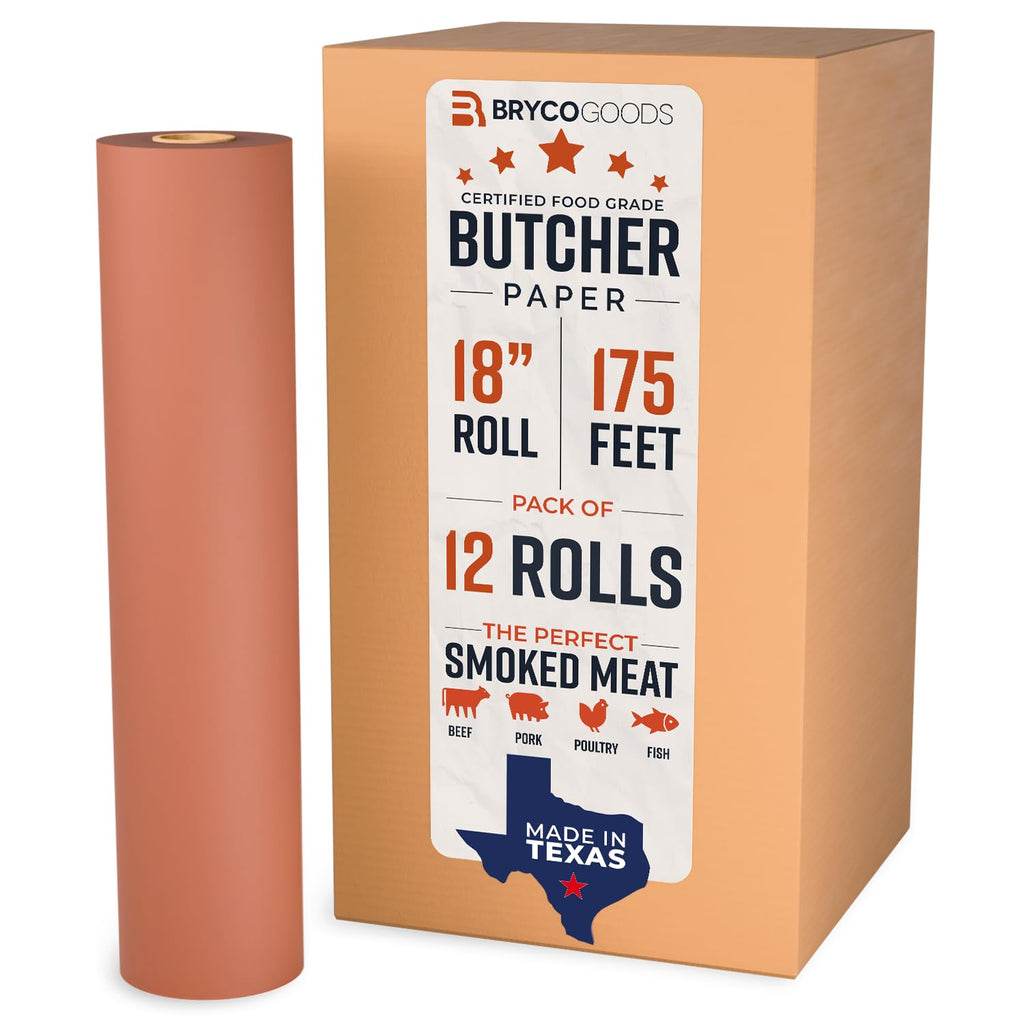 Bryco Goods Pink Butcher Paper Roll - Case Pack of 12 Rolls - 18" x 175' (2100") - Made in USA - Food-Grade Peach Butcher Paper for Smoker, BBQ, Grilling, Smoking Meat - Unbleached Uncoated Unwaxed