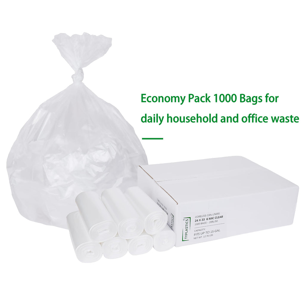 TYPLASTICS Trash Can Liners - Wholesale 1000 Count High Density Garbage Bags on Perforated Roll 10-15 Gallon 24" x 33"