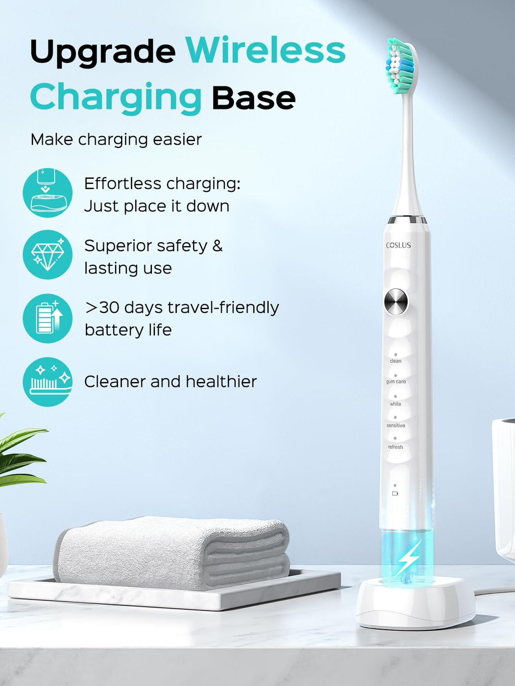 COSLUS Sonic Electric Toothbrush for Kids & Adults C40(DY-108Pro): 47000 VPM for Deep Cleaning with Travel Case - 5 Modes for Sensitive Teeth & Braces, Wireless Charging, 6 Brush Heads, White (1PC)