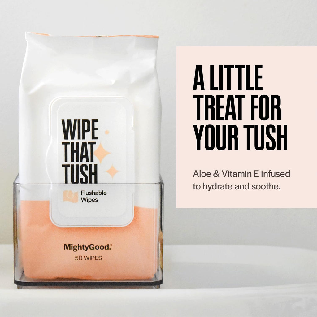Wipe That Tush Flushable Wipes - 12 Packs of 50, 600 Total - Extra Large & Soft - Hypoallergenic & Fragrance-Free With Aloe & Vitamin E - Septic-Safe