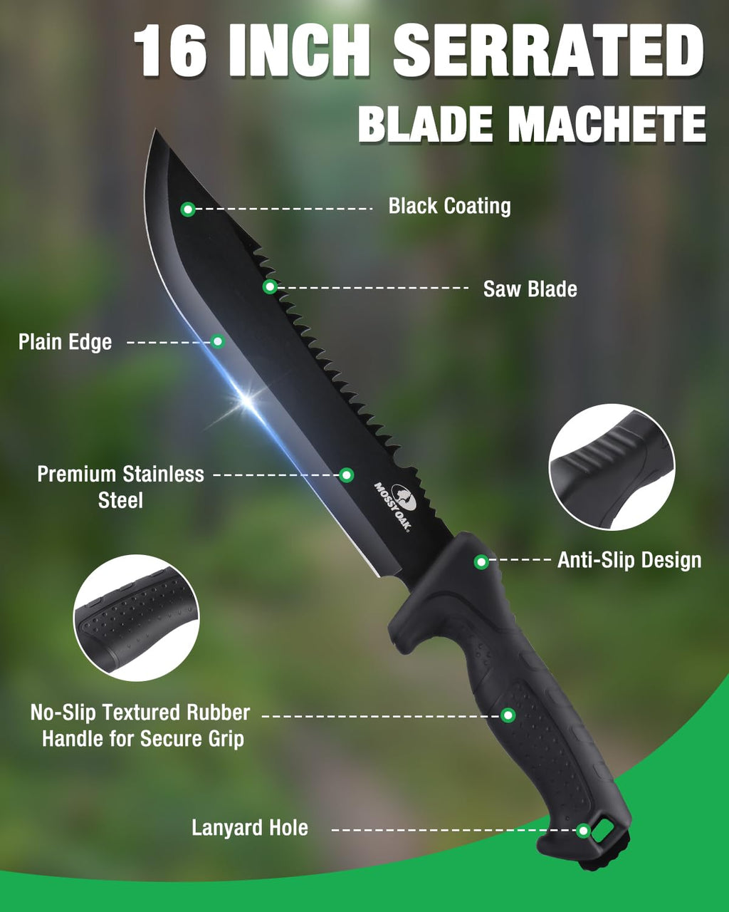Mossy Oak 16" Heavy Duty Machete with Saw and Sheath