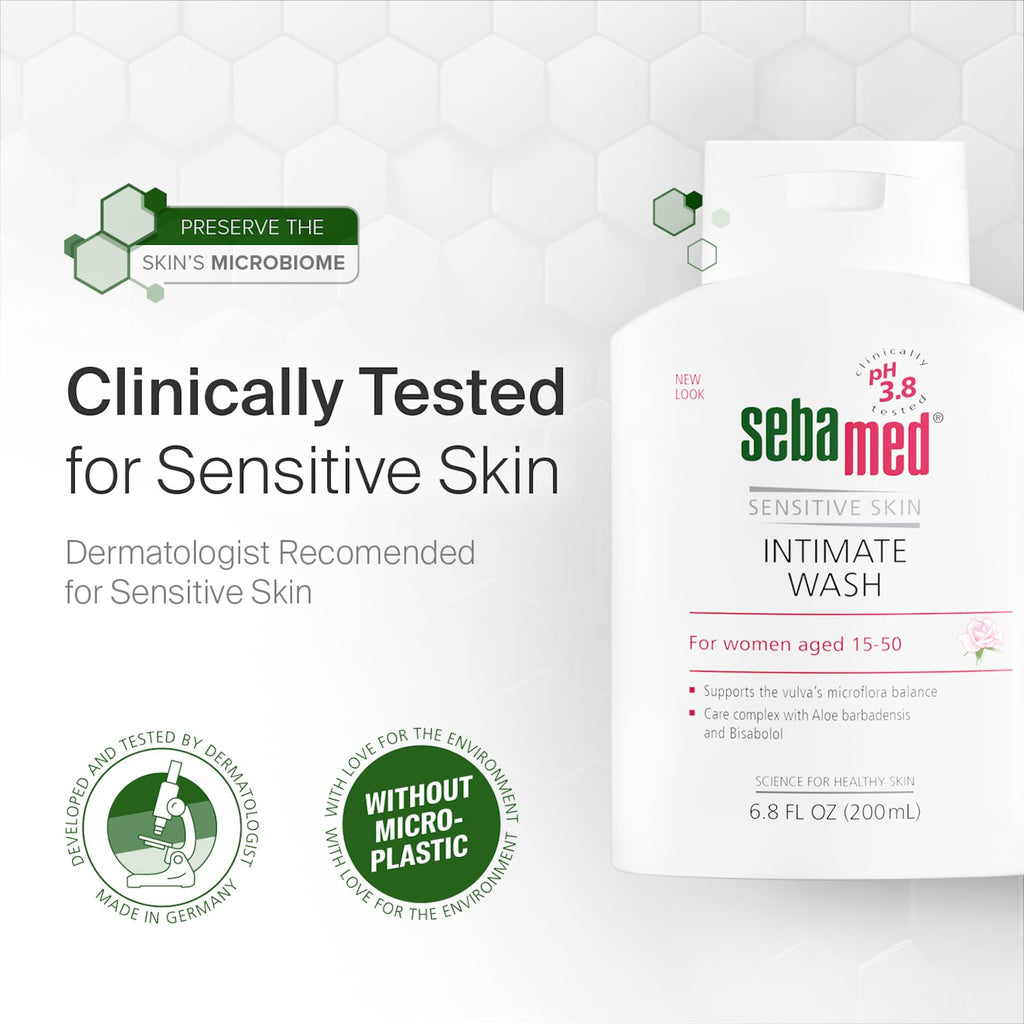 SEBAMED Feminine Intimate Wash pH 3.8 For Microflora Balance With Aloe Vera Mild Organic Based Daily Vaginal Wash Feminie Hygiene 6.8 Fluid Ounces (200 mL)