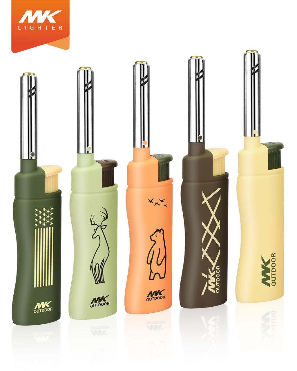 MK Lighter 5pcs. Outdoor Series Candle Lighters, Windproof Torch Flame, BBQ Grills, Camping Lighters, Outdoor Activities, Refillable Butane, Multipurpose Lighters (Assorted-5pc)