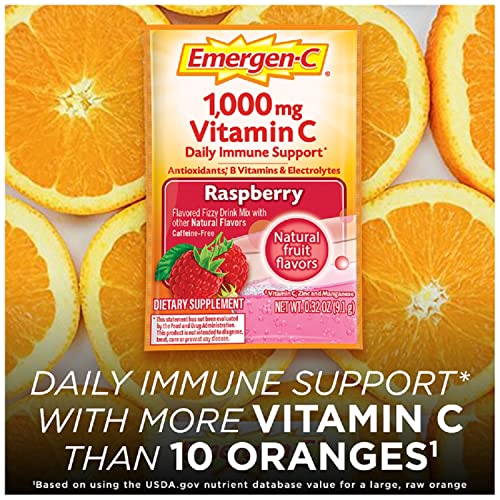 Emergen-C 1000mg Vitamin C Powder, with Antioxidants, B Vitamins and Electrolytes, Vitamin C Supplements for Immune Support, Caffeine Free Drink Mix, Raspberry Flavor - 60 Count/2 Month Supply