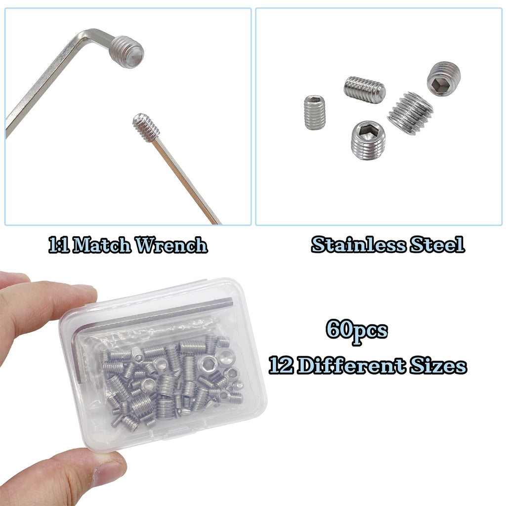 60pcs Set Screws, Allen Head Screws, Grub Screws M3 M4 M5 M6 M8 for Home Repair, Install Door Lock, Repair Furniture, Electronic Product, DIY, Fixtures (Stainless Steel 12 Sizes)