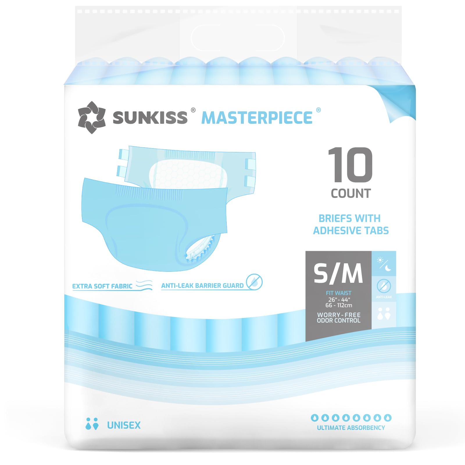 SUNKISS Masterpiece Adult Diapers with Tabs, Unisex Disposable Incontinence Briefs for Women and Men, Odor Control, Blue, S/M, 10 Count