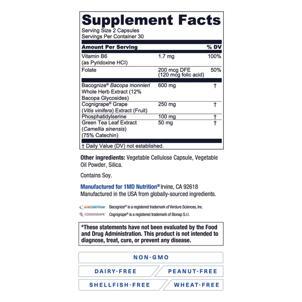 1MD Nutrition MindMD - Brain Supplement for Memory and Focus - Bacopa Monnieri for Nootropic Brain Support - Brain Health Supplement for Adults - with Vitamin B6 & Green Tea Extract - 60 Caps