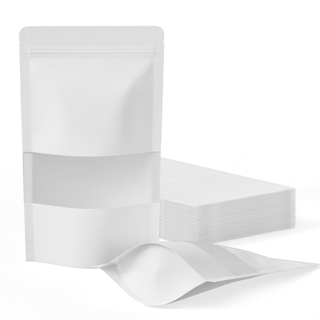 FireKylin 100 Pcs Resealable Bags, Paper Stand Up Pouches Bags with Matte Window for Small Businness, Zipper & Heat Sealable Treat Bags for Packaging(Inner Size 4.1" x 4.9"; Outer Size 4.7" x 7.9")