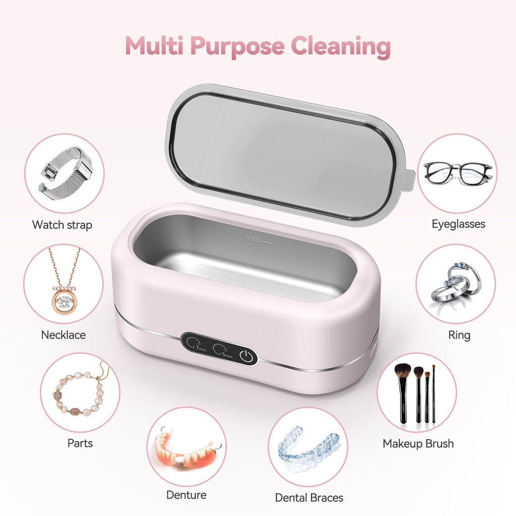 BYASKZIV Jewelry Cleaner Ultrasonic Machine, Upgraded 48KHz Ultrasonic Cleaner with 304 Stainless Steel for Jewelry, Eyeglasses, Rings, Watch Strap, Dentures-Pink