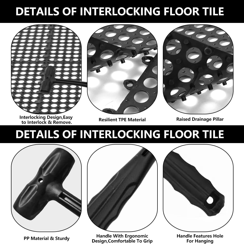 30 Pack Drainage Interlocking Tiles, 12"x12" Modular Interlocking Floor Tiles with 1 Pc Plastic Hammer Non Slip Rubber Floor mat with Holes for Pool Bathroom Deck Kitchen Patio (30, Black)