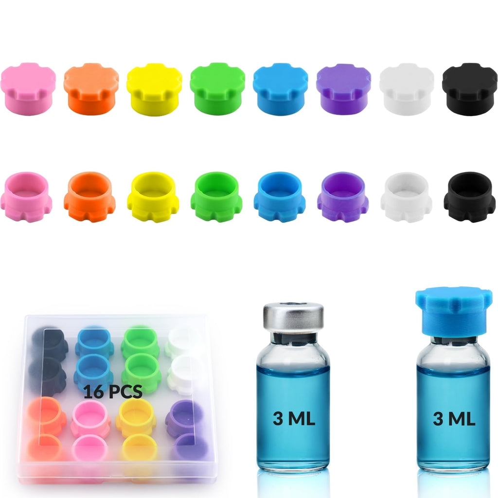 3ml Glass Vial Caps, Peptide Vial Caps, Silicone Protective Caps for 1ml 2ml 3ml Glass Vials, Reusable Vial Covers for Peptide Storage and Vial Boxes (16Pcs / 8Colors)