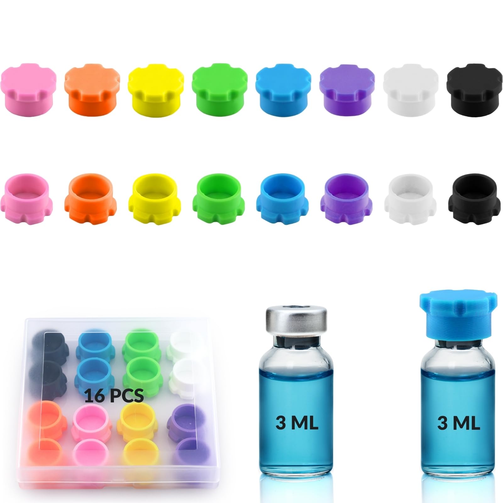 3ml Glass Vial Caps, Peptide Vial Caps, Silicone Protective Caps for 1ml 2ml 3ml Glass Vials, Reusable Vial Covers for Peptide Storage and Vial Boxes (16Pcs / 8Colors)