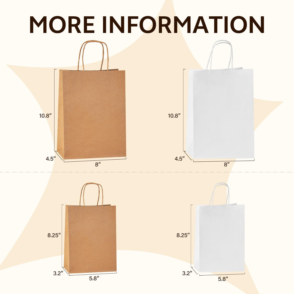 YEEHAW 100 pcs Brown Paper Gift Bags with Handles, 8x4.5x10.8 Inch, Medium