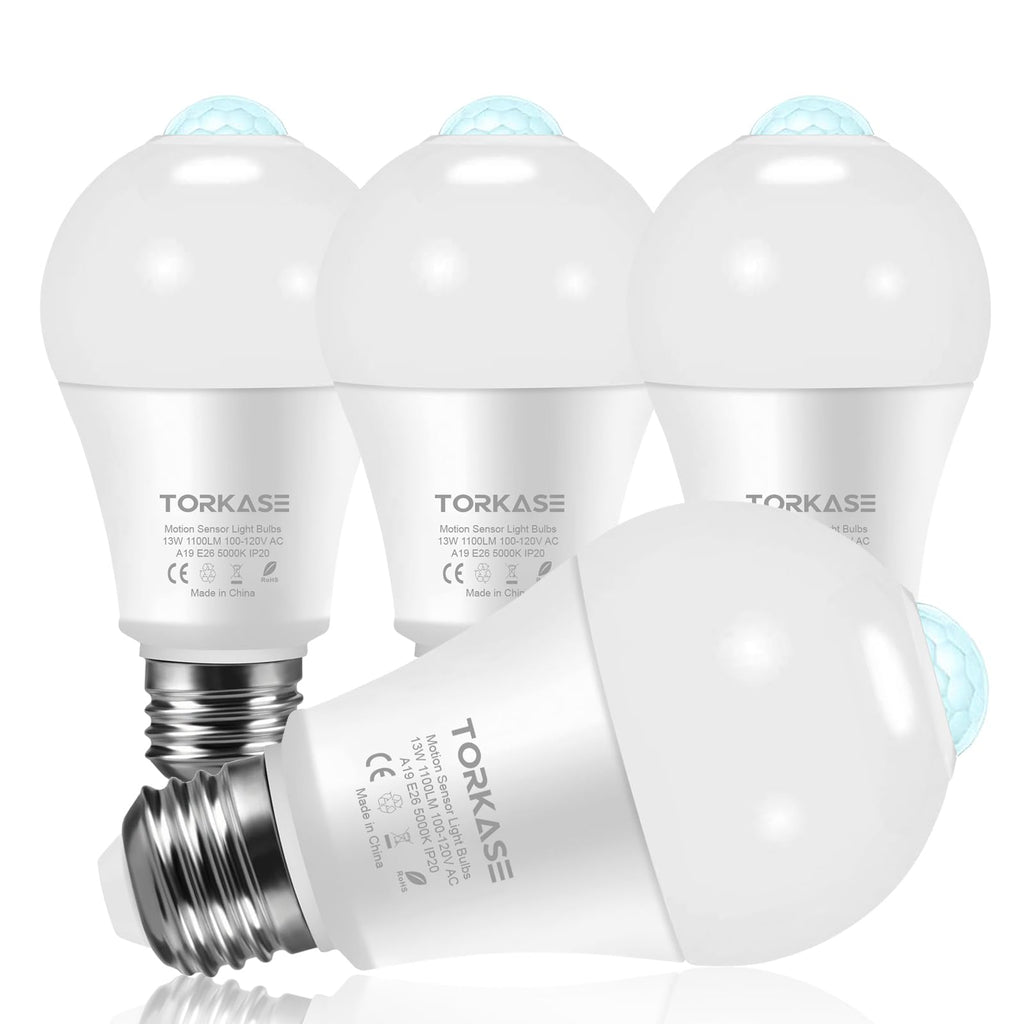 Motion Sensor Light Bulbs, 13W (100Watt Equivalent), Motion Activated Dusk to Dawn Security LED Bulb, 5000K Daylight, Energy-Efficient, for Indoor and Outdoor Lighting, Porch, Stairs, Hallway 4Pack
