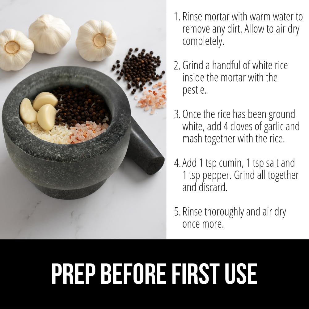 GORILLA GRIP 100% Natural Granite Stone Mortar and Pestle Set, Non-Scratch Base, Heavy Duty Polished Molcajete Guacamole Salsa Bowl, Grind Seeds, Herbs, Pills, Kitchen Lab Muddler, 1.5 Cup Black