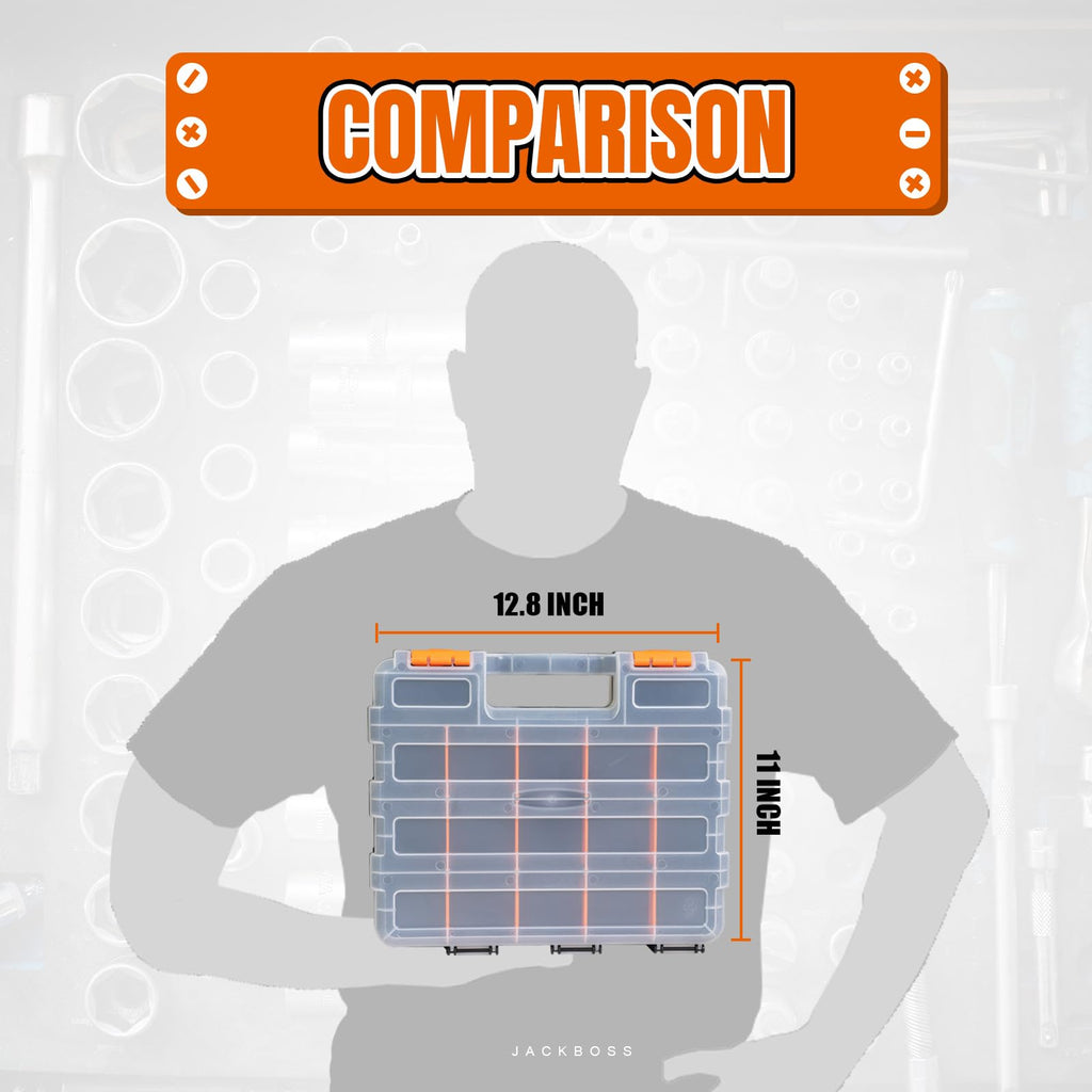 Jack Boss Tool Box with Transparent Lid, Double Side 34-Compartments Organizer Box with Removable Dividers for Hardware, Screws, Bolts, Nails, Beads, Jewelry and Fishing Accessories, Orange, 1 Pack