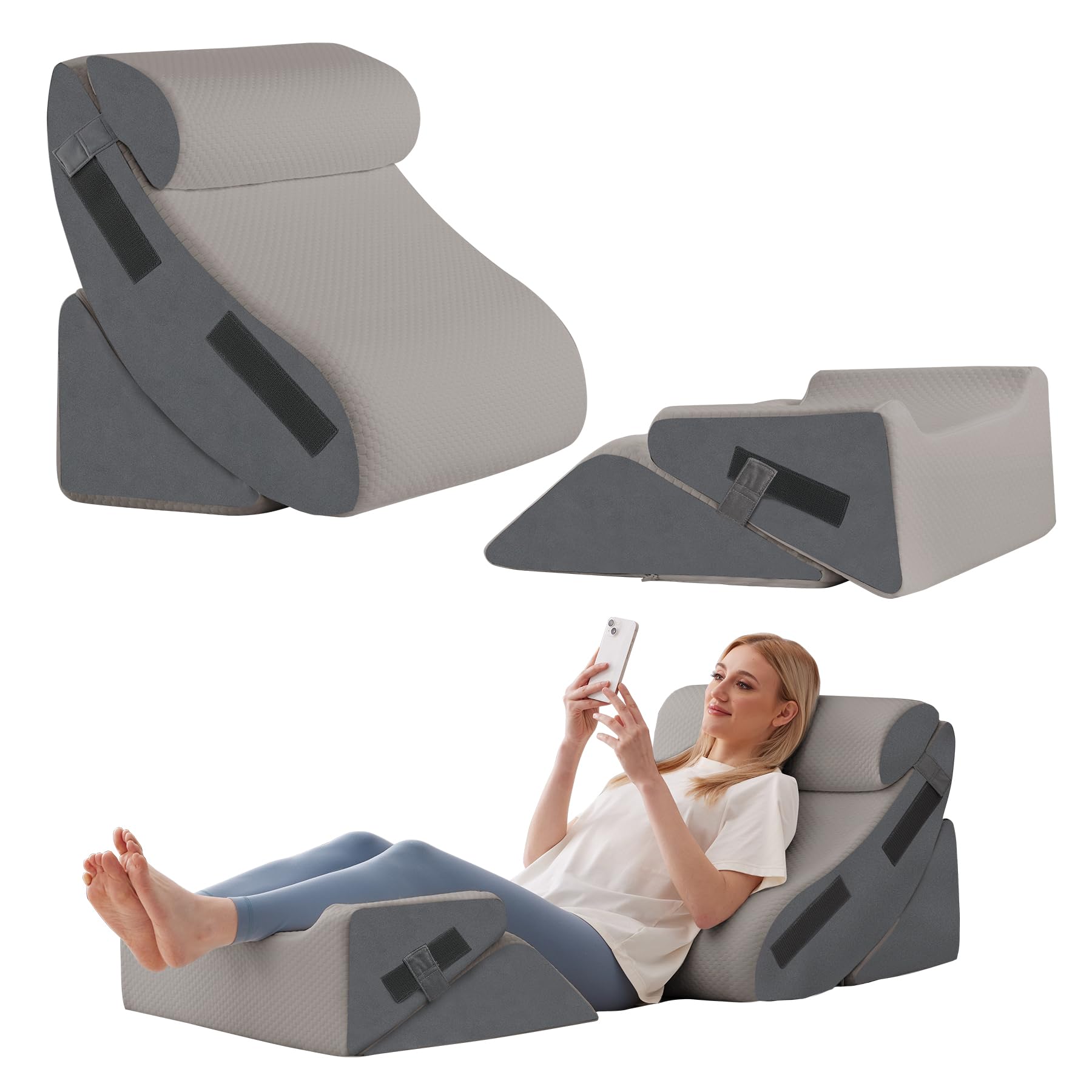 Ahpmeoa 5Pcs Wedge Pillow Set for After Surgery, Orthopedic Bed Wedge Pillow Set for Post Surgery, Acid Reflux Relief, Sleeping, Back Pain Relief, Adjustable Back Pillow for Bed Sitting up, Grey