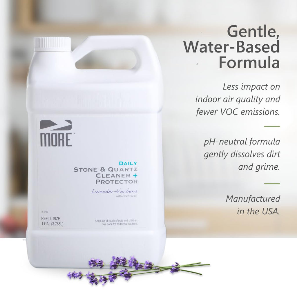 MORE Stone & Quartz Cleaner + Protector - Granite, Quartz & Marble Cleaner - For Kitchen & Bathroom Countertops - Water-Based Surface Spray Refill - Lavender-Verbena Essential Oil - Gallon (128oz)