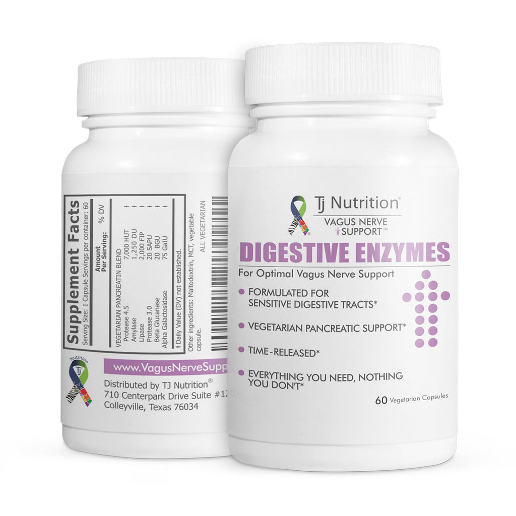 TJ Nutrition Digestive Enzymes for Sensitive Stomachs - Supports Vagus Nerve, Vegetarian Pancreatic Support, Timed Release Formula for Optimal Gut Health, Enhances Food Digestion & Gut Flora