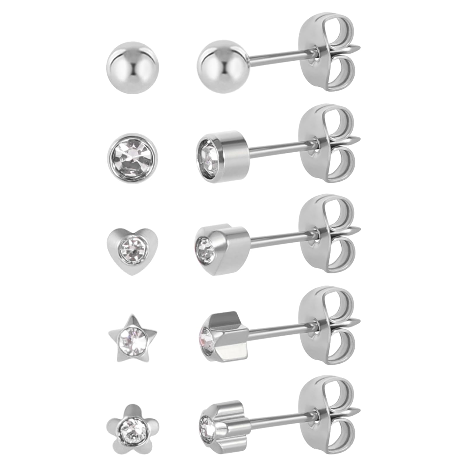 5 Pairs G23 Titanium Ear Piercing Stud Earrings for Sensitive Ears, Cubic Zirconia Stud Earrings Set for Ear Piercing Guns (Silver)