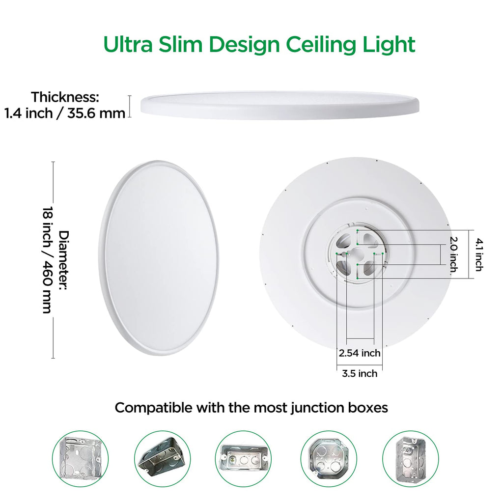 TALOYA 18 Inch Flush Mount Led Ceiling Light Fixture 5 Color Temperature Settings Round Surface Mounted Fixture Dimmable Ultra Slim Ceiling Lamp for Living Room