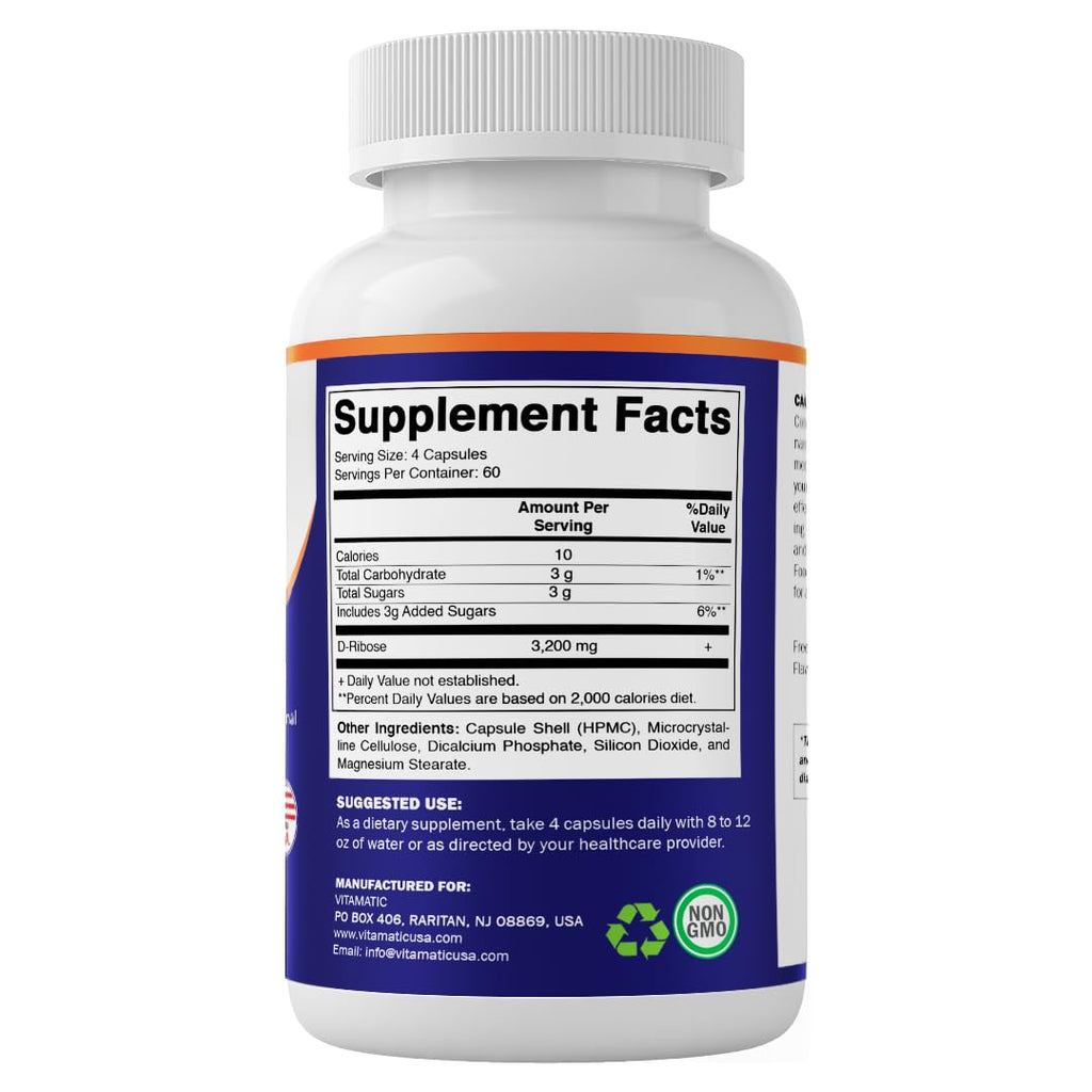 Vitamatic D-Ribose 3200 mg per Serving – Energy Support Supplement – 240 Vegetarian Capsules – Non-GMO & Gluten Free, Made in USA