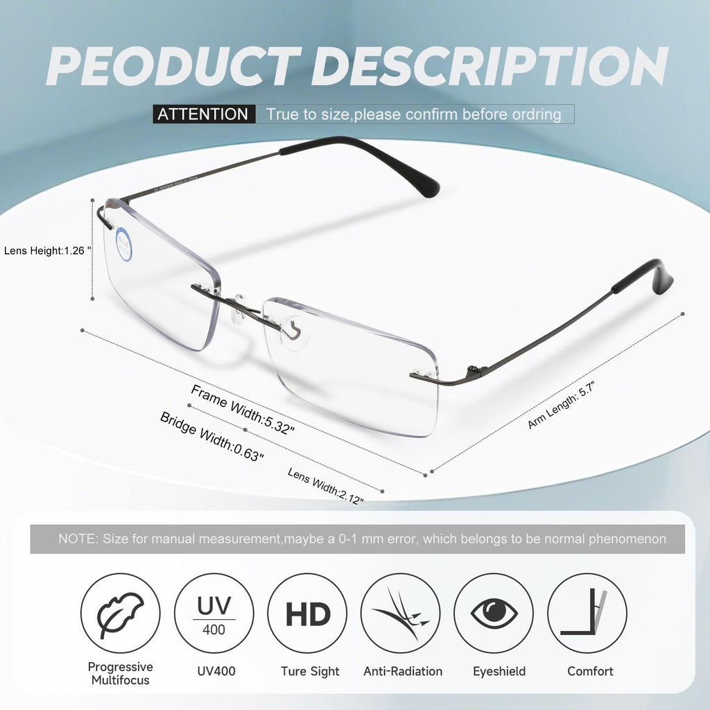 SKYOAK 2 Pack Executive Frameless Progressive Multifocus Reading Glasses for Men, Metal Rimless Blue Light Blocking Computer Readers Anti Eye Strain/UV No-Line Rectangular Multifocal Eyeglasses, 1.75x