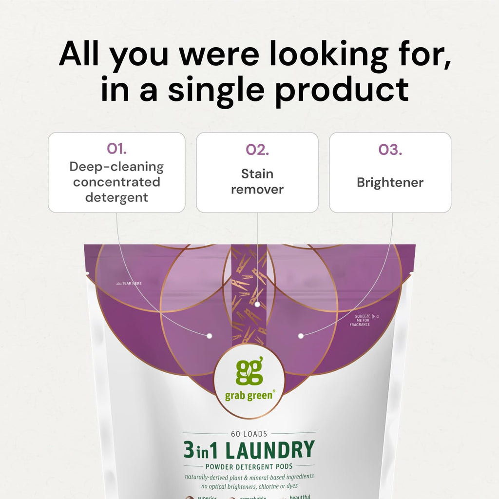 Grab Green 3-in-1 Laundry Detergent Pods, Vetiver Scent, Plant and Mineral Based, Superior Cleaning Power, Stain Remover, Brightens Clothes, 60 Count