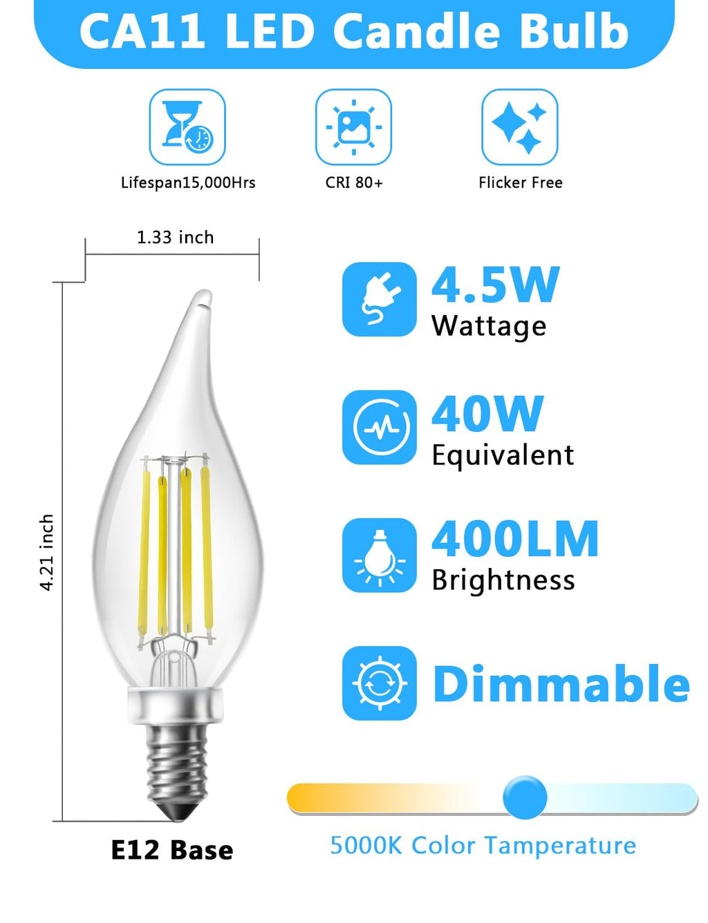 DAYBETTER Chandelier Light Bulbs, Candelabra Light Bulbs 40 Watt Equivalent E12 LED Bulb Dimmable, 5000K Daylight White, 4.5W 400LM, Flame Tip Vintage Candle Light Bulb, 24 Pack