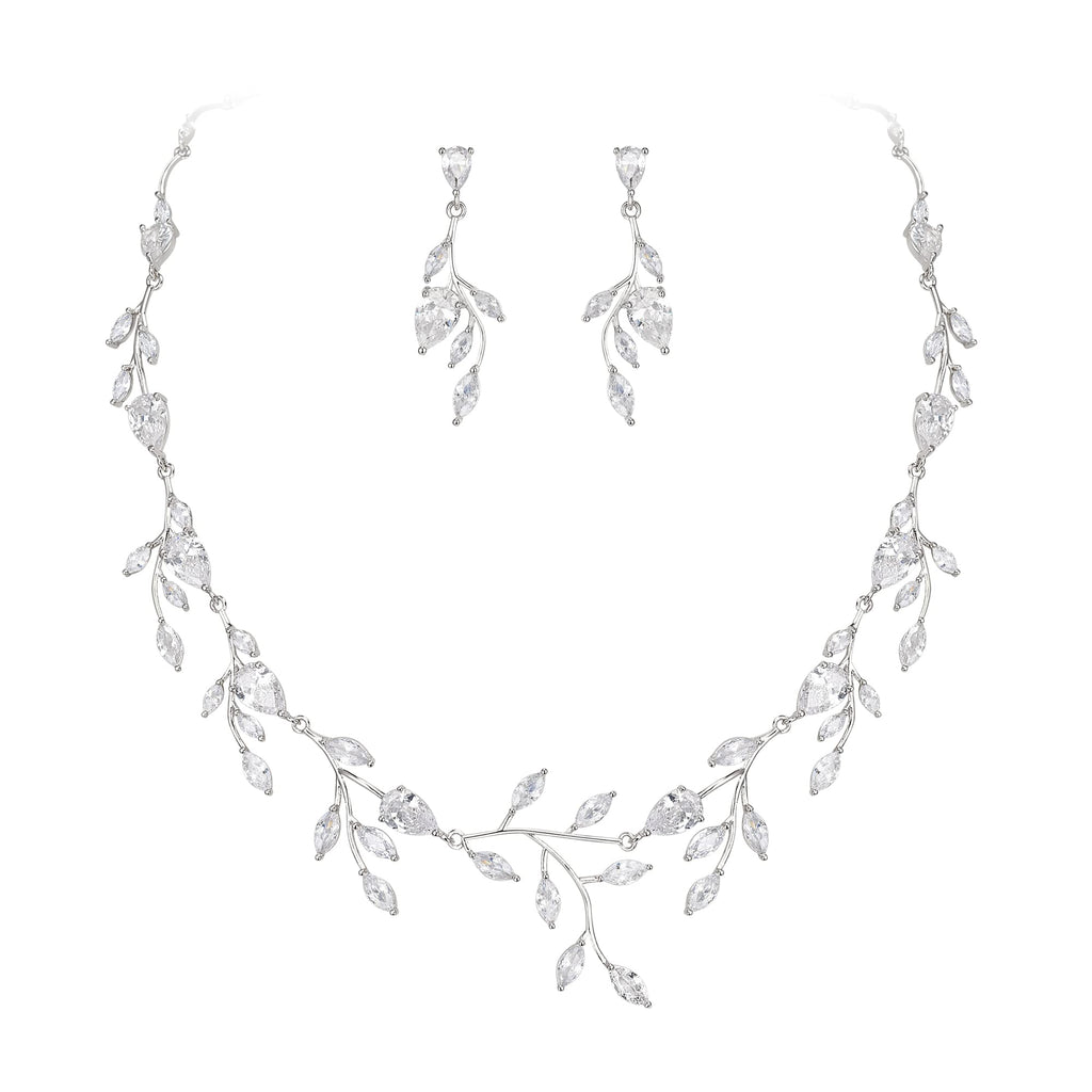 Clear Cubic Zirconia Leaf Vine Wedding Prom Jewelry Set for Bride Women