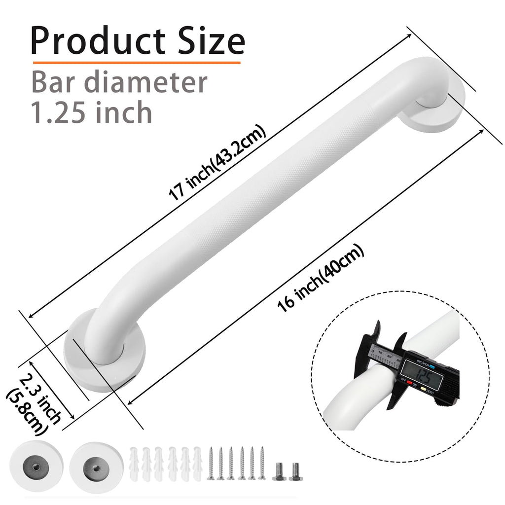 Rackickyer Shower Grab Bar, 2 Pack 16 Inch White Bathroom Grab Bar, 1.25" Diameter 304 Stainless Steel Anti-Slip Grab Bars for Bathtubs and Showers, Handicap Shower Grab Bar for Seniors Elderly