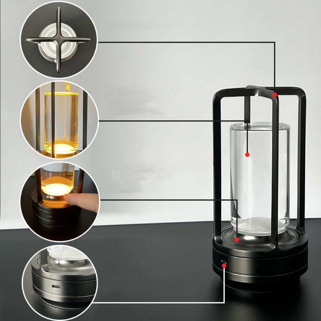 HAPYGI Portable Metal Table Lamp for Indoor/Outdoor,Rechargeable Cordless LED Lamp, 3-Colour Infinitely Dimming Battery Powered Small Desk Lamp, Restaurant/Bedroom/Bar/Coffee/Camping Light (Black)
