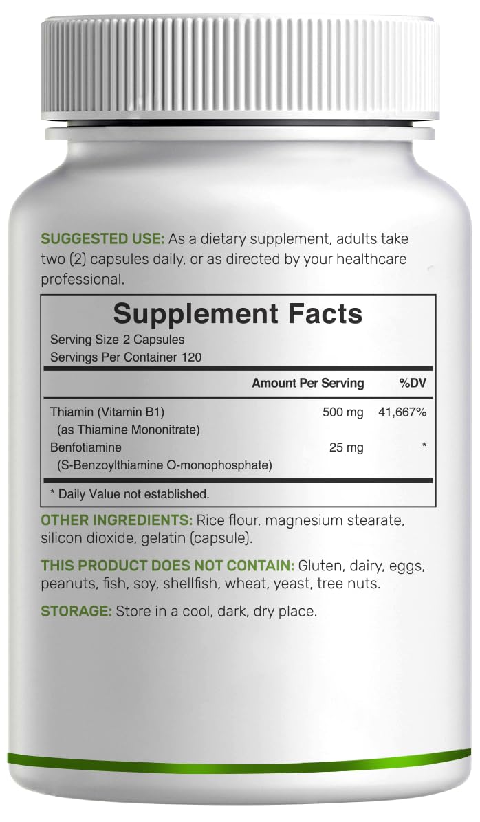 DEAL SUPPLEMENT Vitamin B1 500mg with Benfotiamine, 240 Capsules – 2 in 1 Enhanced Formula – Fat & Water Soluble Thiamine B1 Supplement – Third Party Tested, Non-GMO, No Gluten