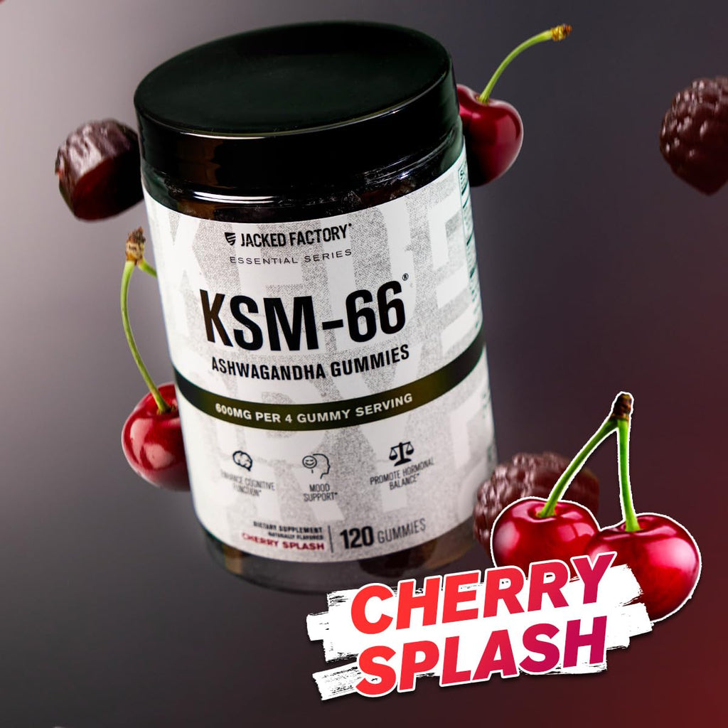 Jacked Factory Ashwagandha Gummies - KSM 66 Ashwagandha Gummies (600mg Per Serving) - Enhance Cognitive Function, Boost Mood, and Promote Hormonal Balance - 120 Gummies, Cherry Splash