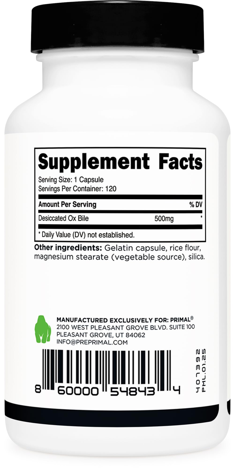 Primal Ox Bile (500mg) 120 Capsules, Gluten-Free, GMO-Free