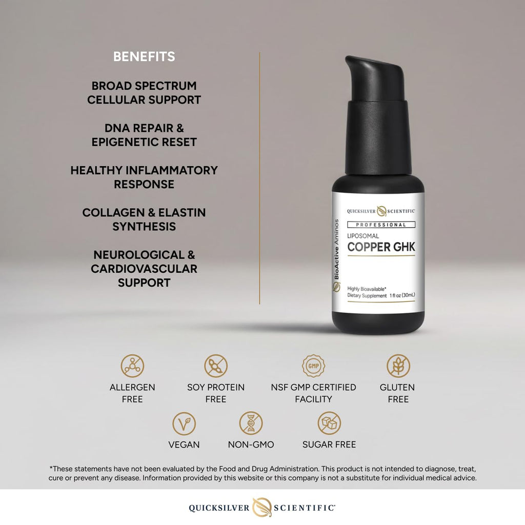 Quicksilver Scientific Oral Liposomal Copper GHK - Oral Liposomal Supplement for Collagen Support - Vegan, Gluten-Free, Sugar-Free & Non-GMO - 1 fl oz (30 Servings)