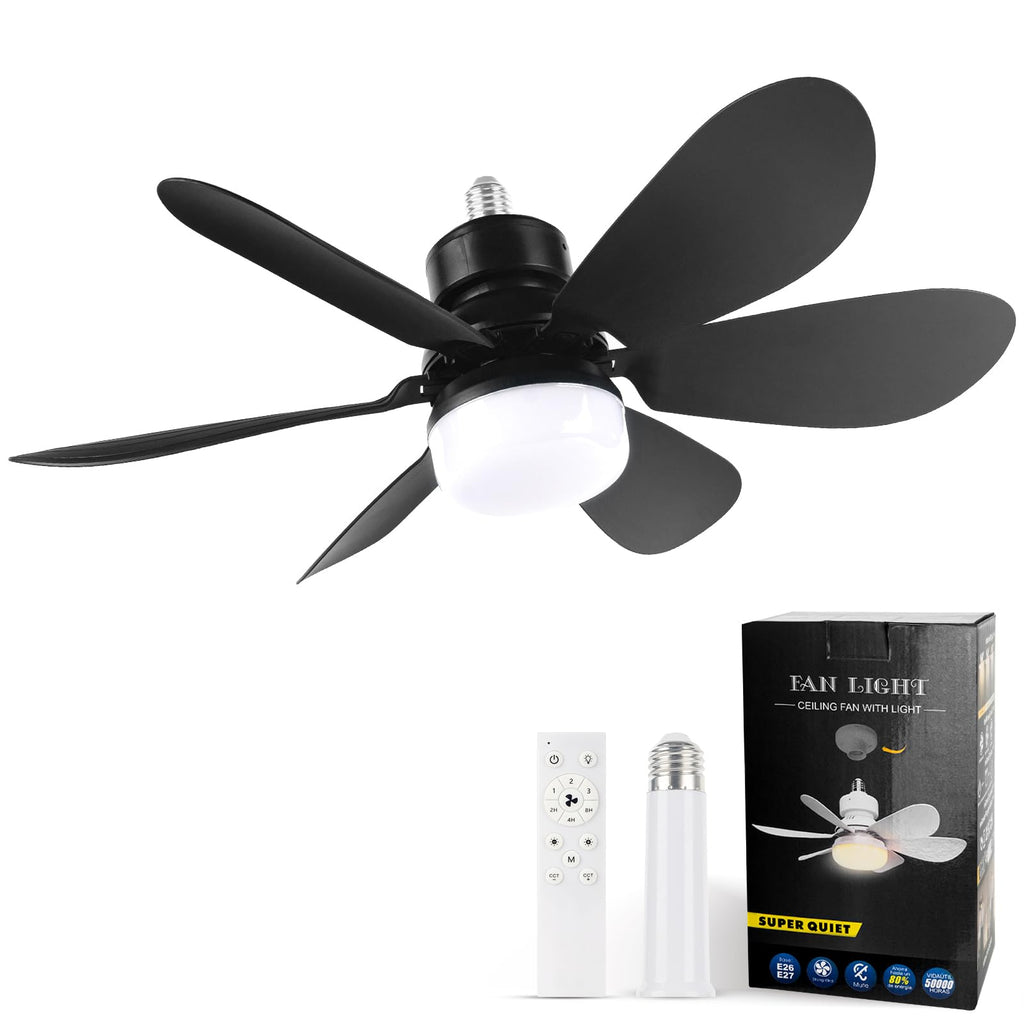 We Charger Socket Fan Light, Light Bulbfan with Remote Dimmable, 20.5IN for Garage Kitchen Balcony Living Tools Store Laundry Room (Black)