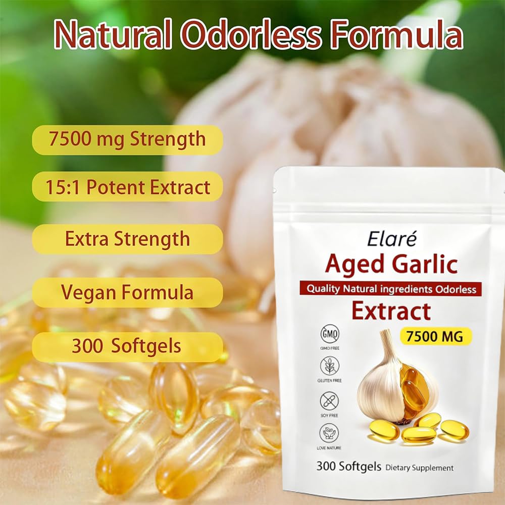 Elare Aged Garlic Extract Capsules 7500mg Odorless - 300 Count, Garlic Supplement, 2-Year Matured - for Heart & Immune Support, Non-GMO, Gluten-Free