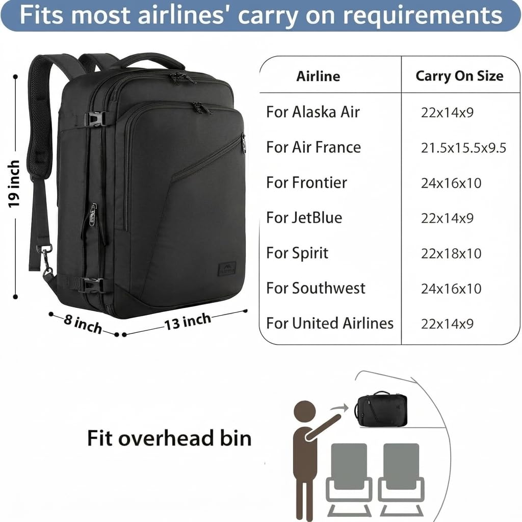 MATEIN Carry on Backpack, Extra Large Travel Backpack Expandable Airplane Approved Weekender Bag for Men and Women, Water Resistant Lightweight Daypack for Flight 40L, Black