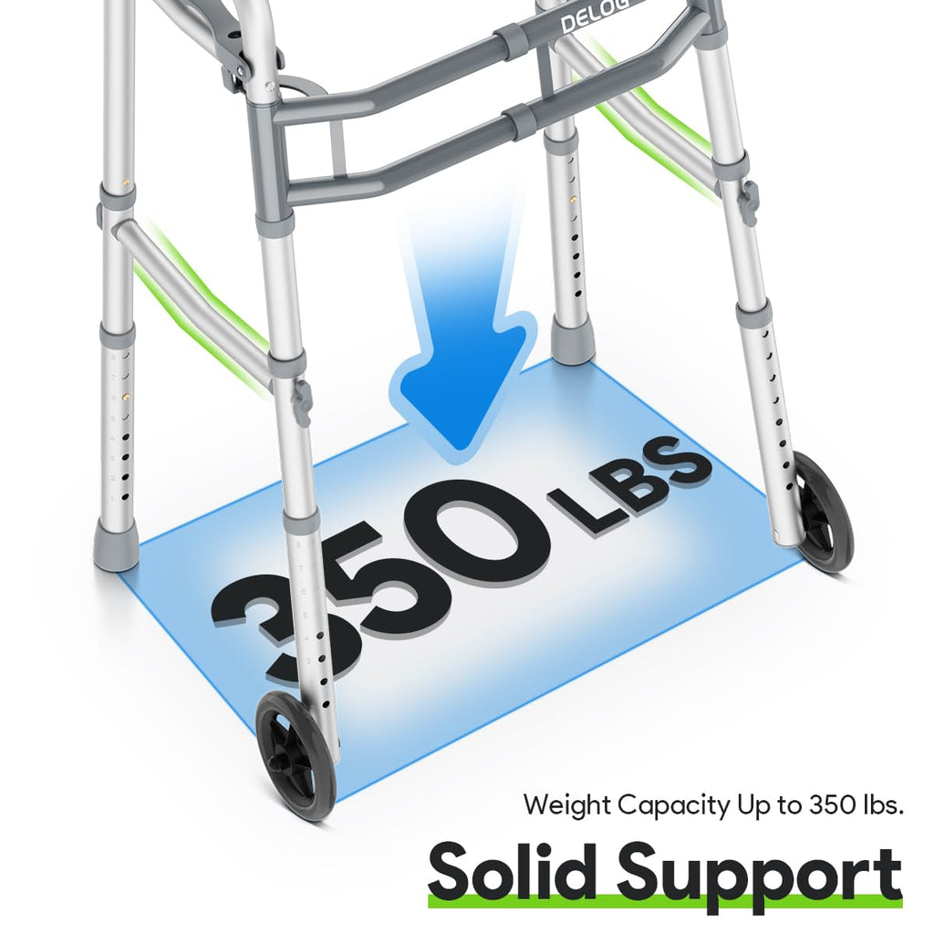 Delog Narrow Folding Walker for Seniors with Trigger Release and 5 Inches Wheels, Lightweight Supports Up to 350 lbs, Aluminum Folding Walker for Elderly, Handicapped and Disabled