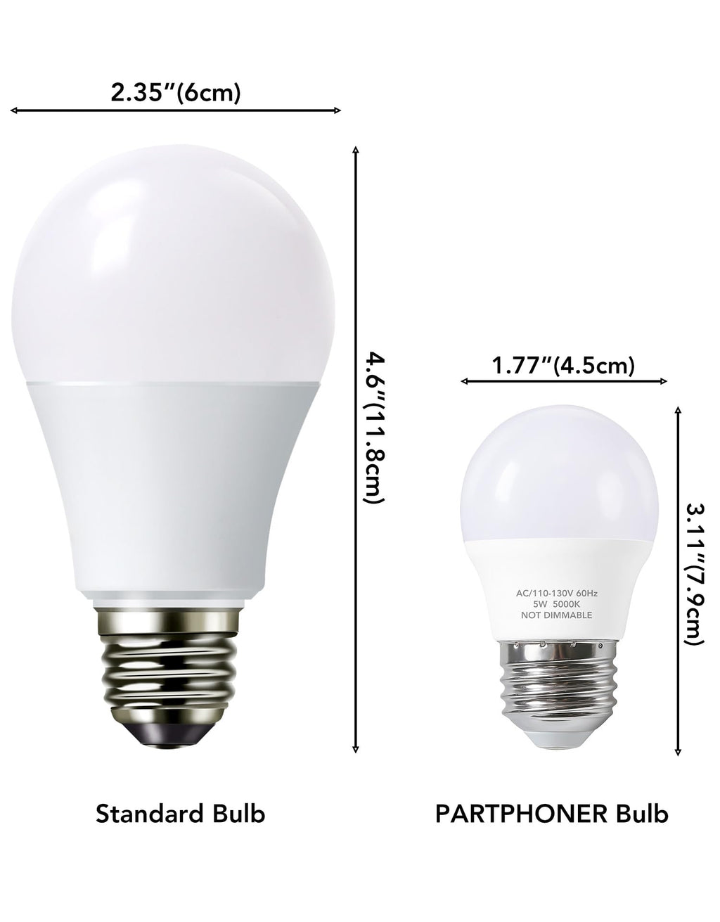 Refrigerator Light Bulb A15, 5W LED, 40W Equivalent, E26 120V, 5000K 6-Pack