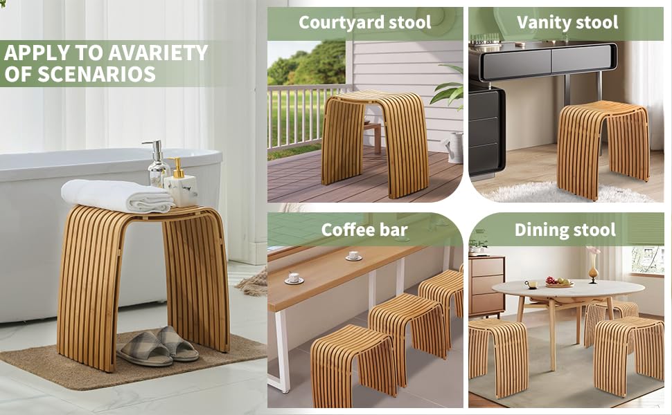 Bamboo Shower Bench, Non-Slip Shower Stool & 286 lbs, Waterproof Bathroom Stool Spa Bath Seat, Natural Bamboo Stool, Suitable for Multiple Settings: Bathroom, Bedroom, Dining room and Living room