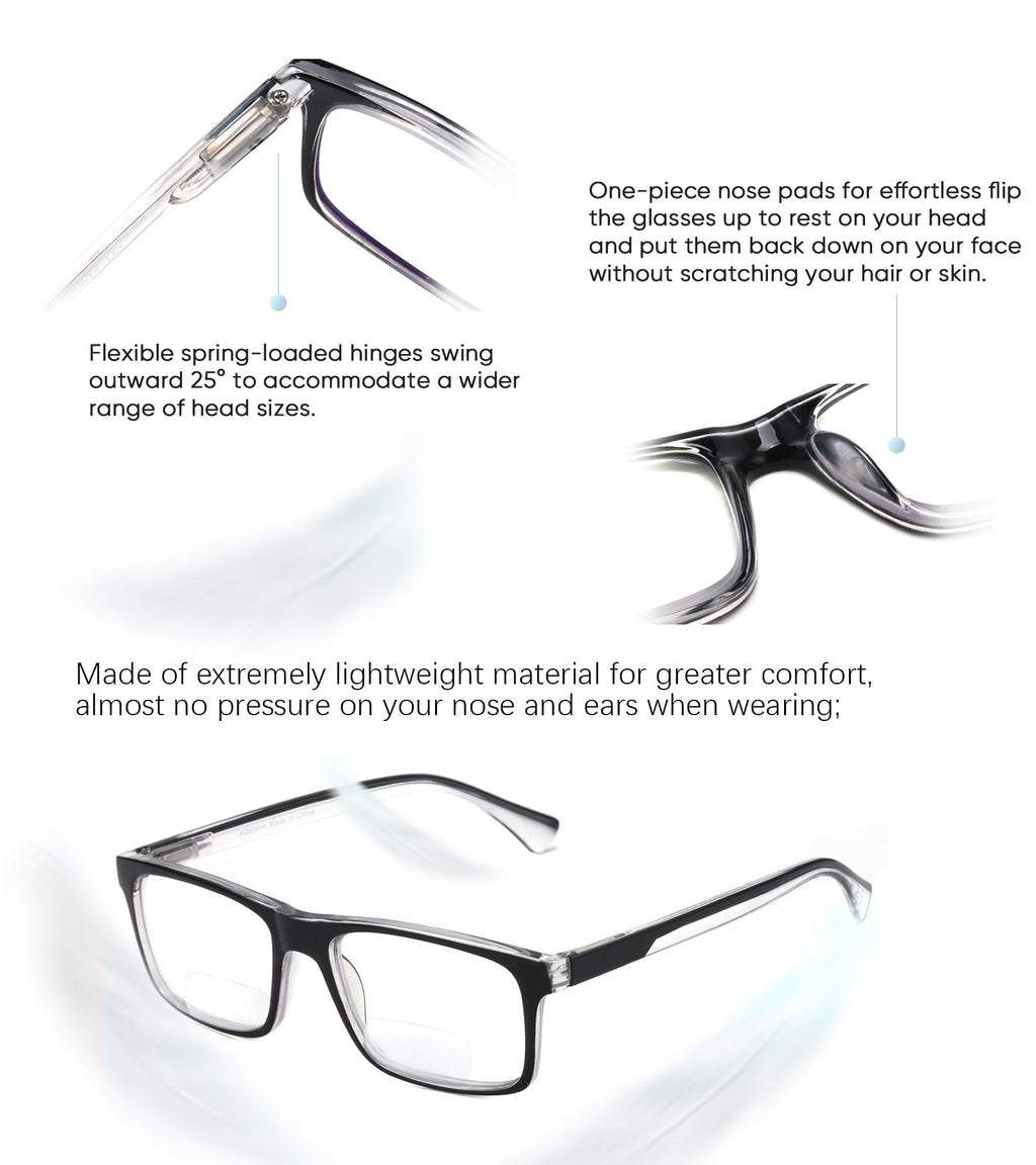 Missfive 2-Pack Light Bifocal Reading Glasses for Men, Blue Light Blocking For Near/Far Range Dual-use Spring Hinge, Anti UV/Eye Strain Comfort Quality Computer Readers, 1.5x