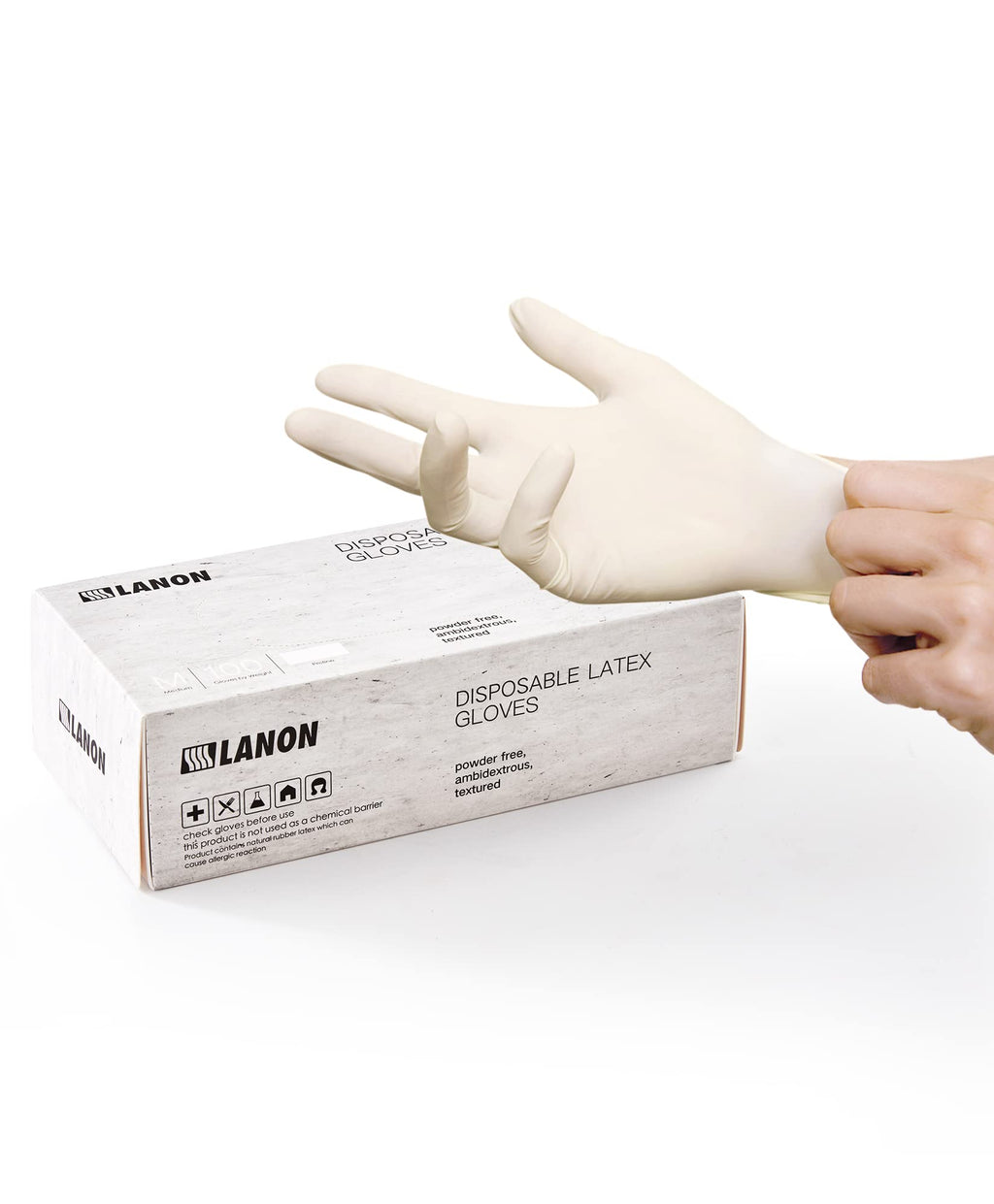 LANON 5 mil Latex Disposable Gloves, Food-Contact Grade, Powder-Free, Fully Textured, White, Medium