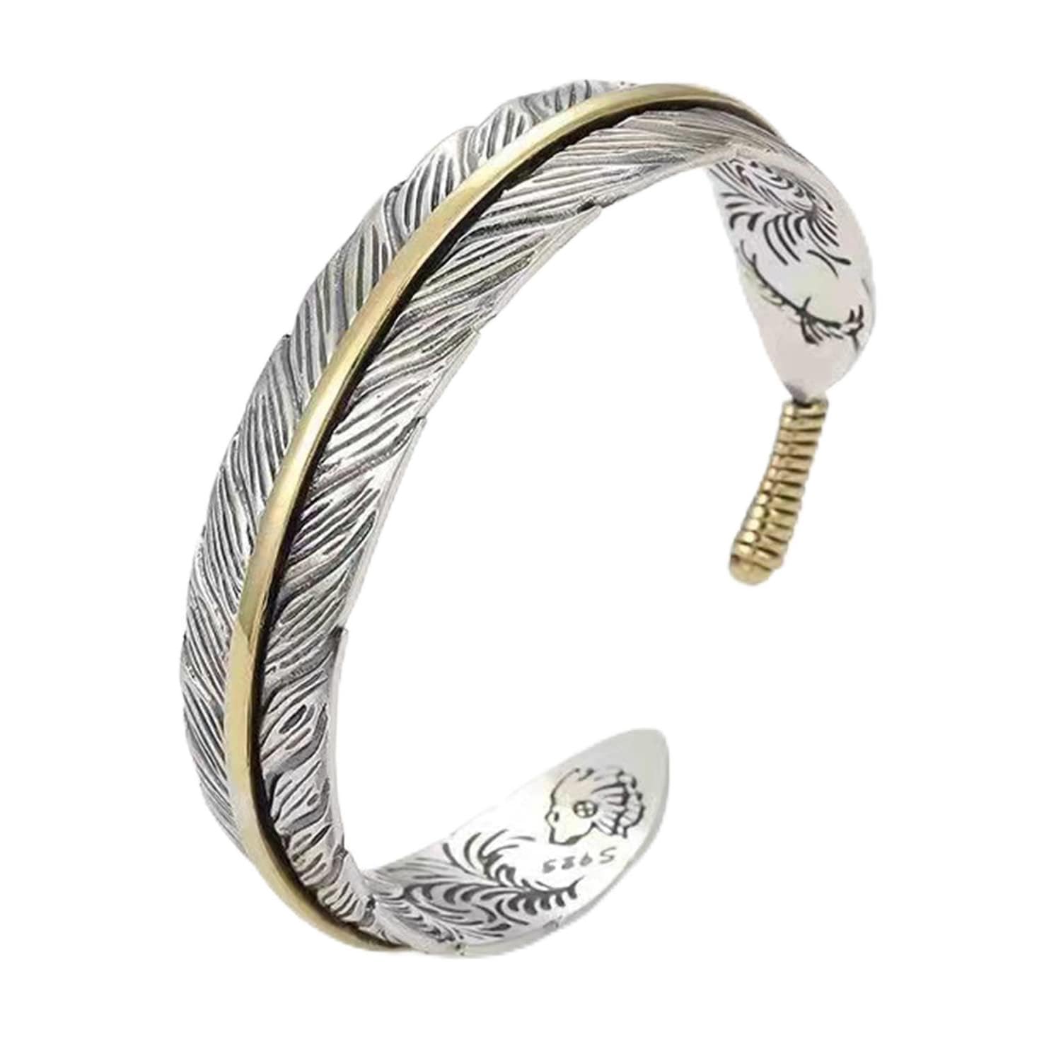 Innocence S925 Silver-Plated Antique Wide Feather Cuff Bracelet For Men Women Adjustable Retro Twisted Feathers Bracelets Gift Jewelry (Feather)