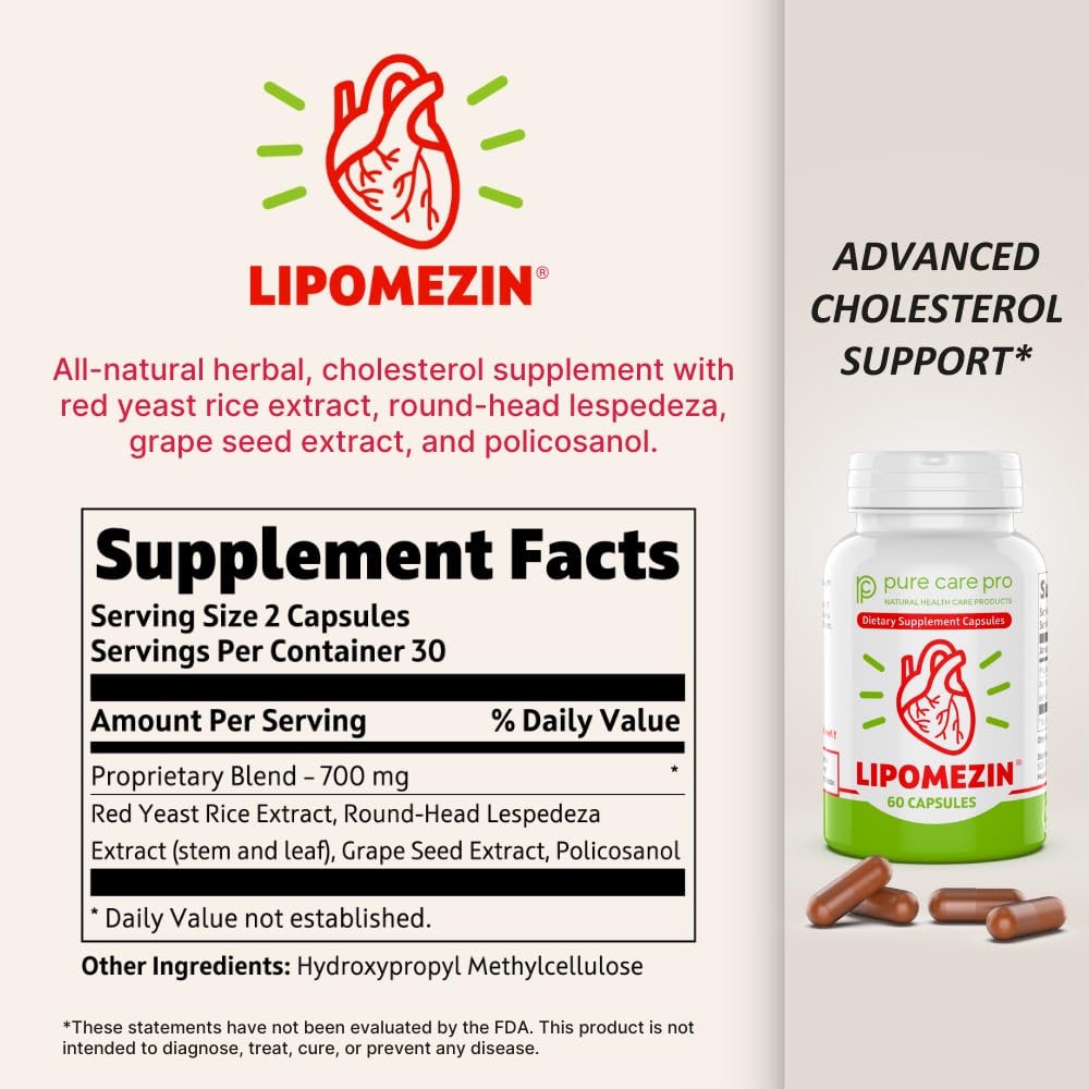 LIPOMEZIN Pure Care Pro Synergistic Cholesterol Support Blend: Red Yeast Rice, Policosanol, Grape Seed & Lespedeza – 60 Vegetarian Capsules