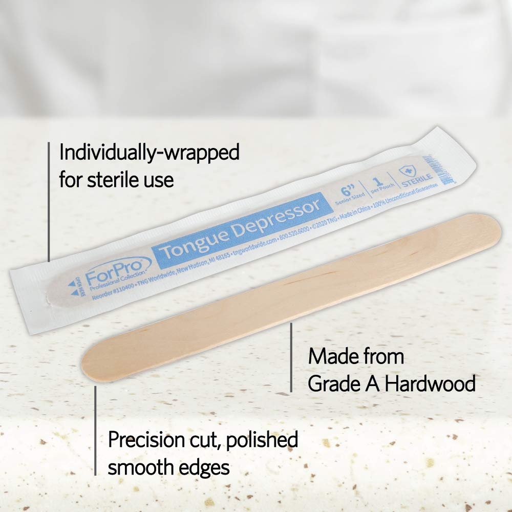 ForPro Professional Collection Senior Tongue Depressors, Large Wax Applicator Sticks, 6" Senior Sized, Sterile, Individually-Wrapped, 100-Count"